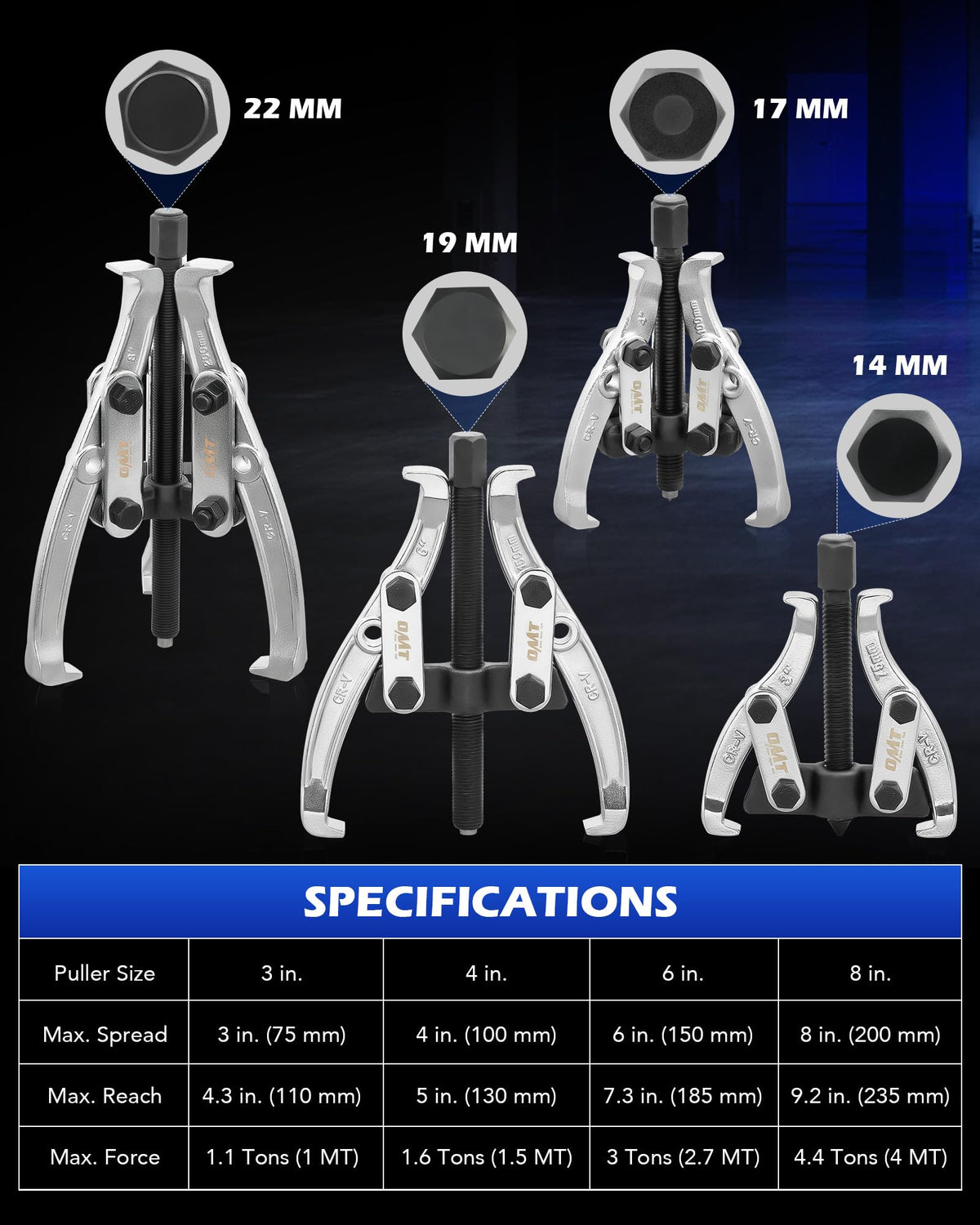Orion Motor Tech 6-inch puller jaw detail showing hardened steel durability