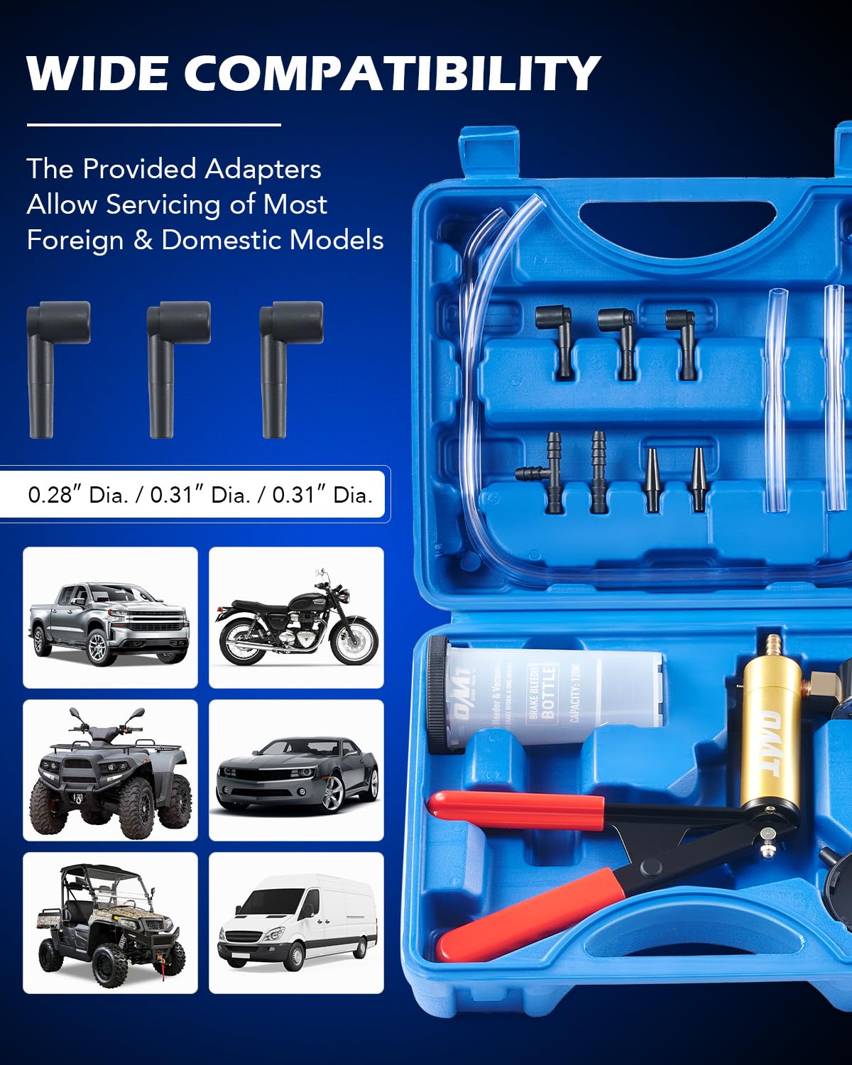 Orion Motor Tech adapter set laid out to fit common bleeder fittings
