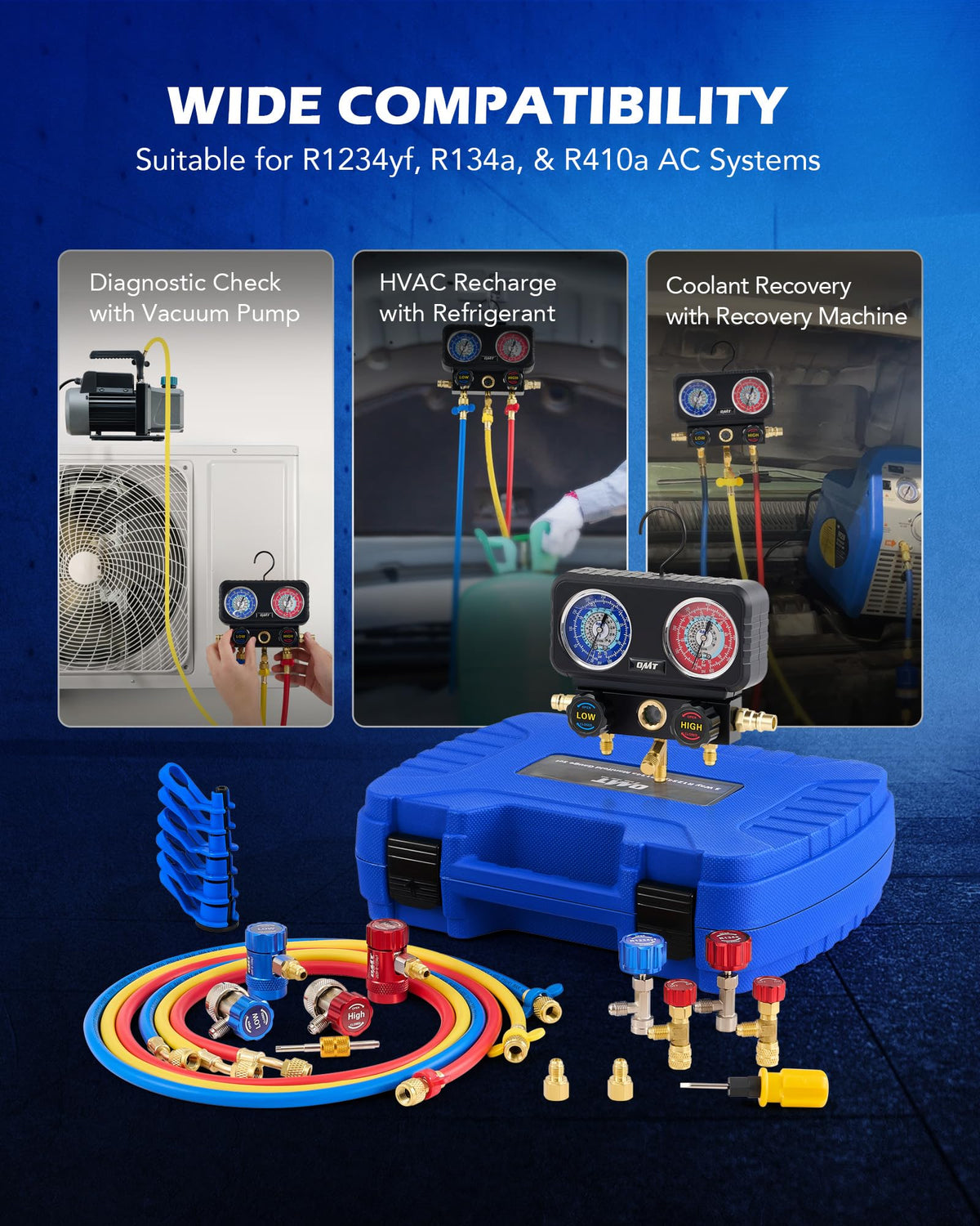 Orion Motor Tech adapters and R410a safety valves detail showing leak-resistant service options
