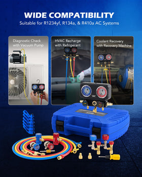 Orion Motor Tech adapters and R410a safety valves detail showing leak-resistant service options