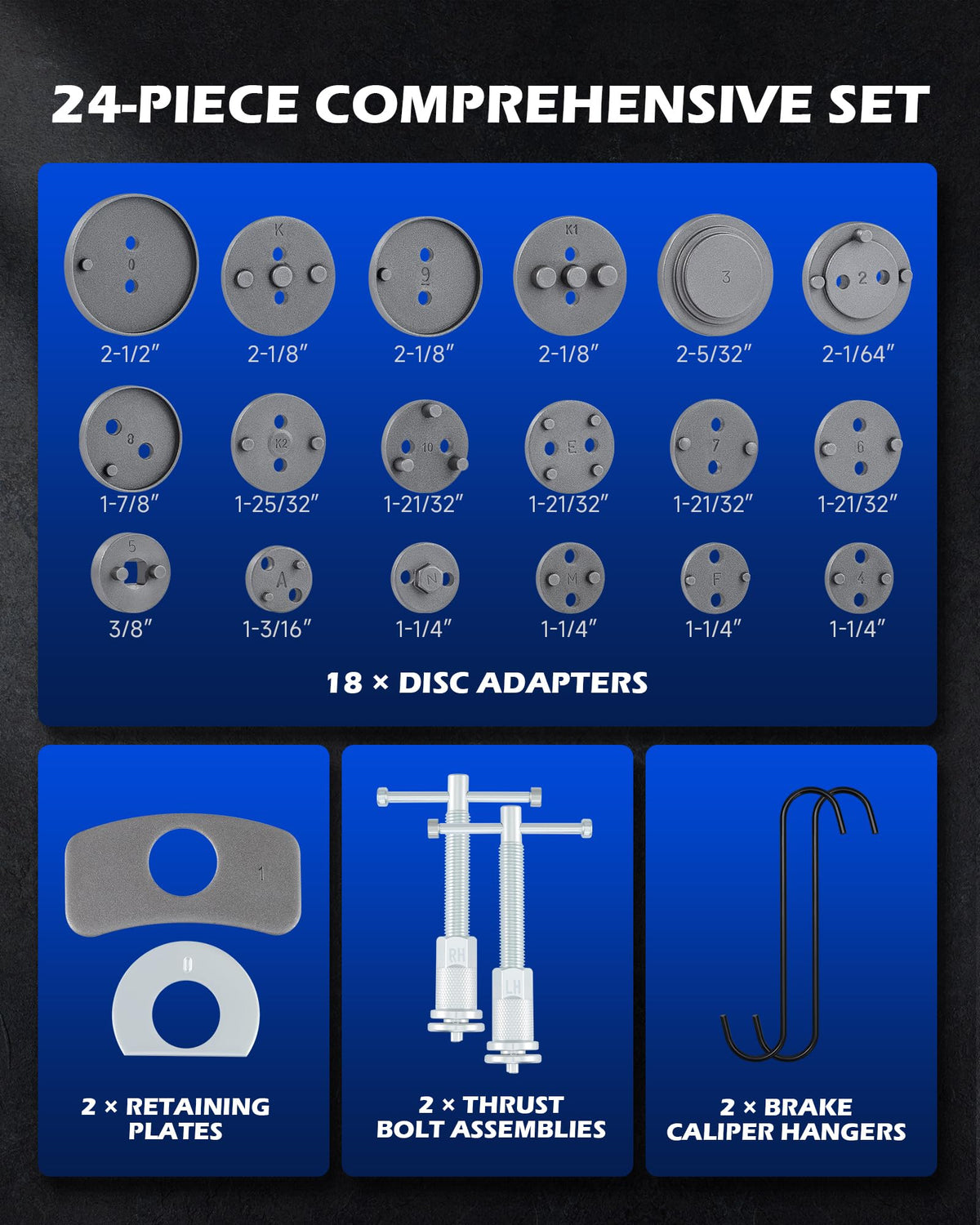 Orion Motor Tech neatly arranged adapters array, offering many sizes for broad compatibility