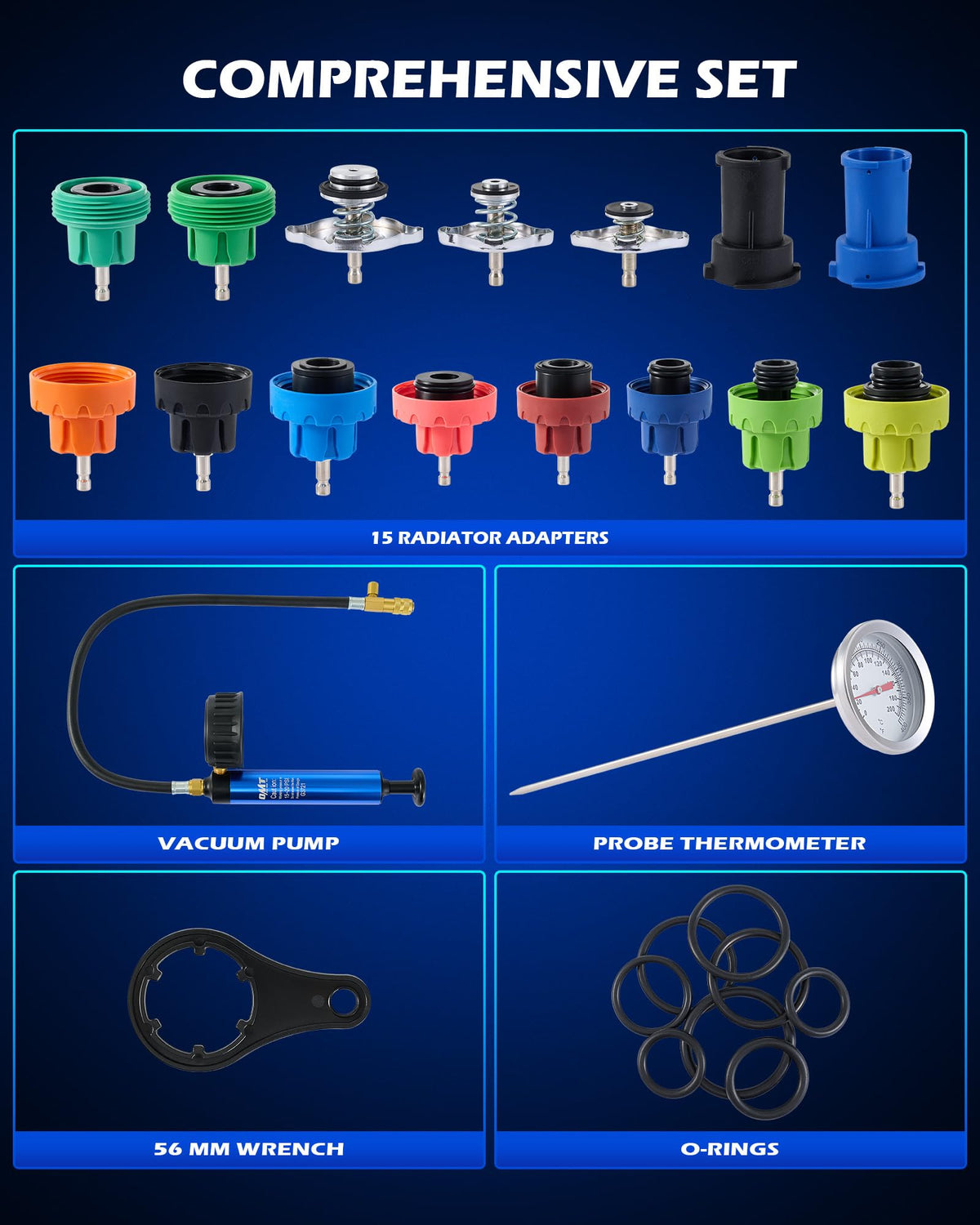 Orion Motor Tech spread of 15 color-coded adapters for fast selection across many vehicle makes