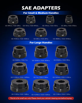 Orion Motor Tech adapters laid out by size to simplify selection and speed repairs