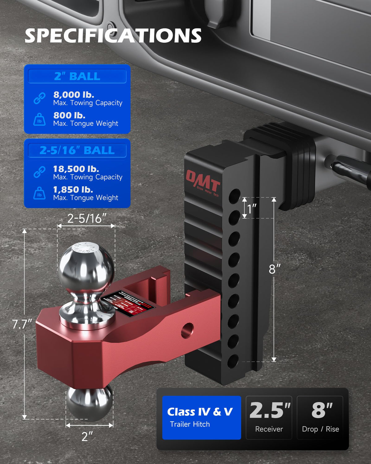 Orion Motor Tech image of sliding adjuster demonstrating 8-inch height adjustment benefit