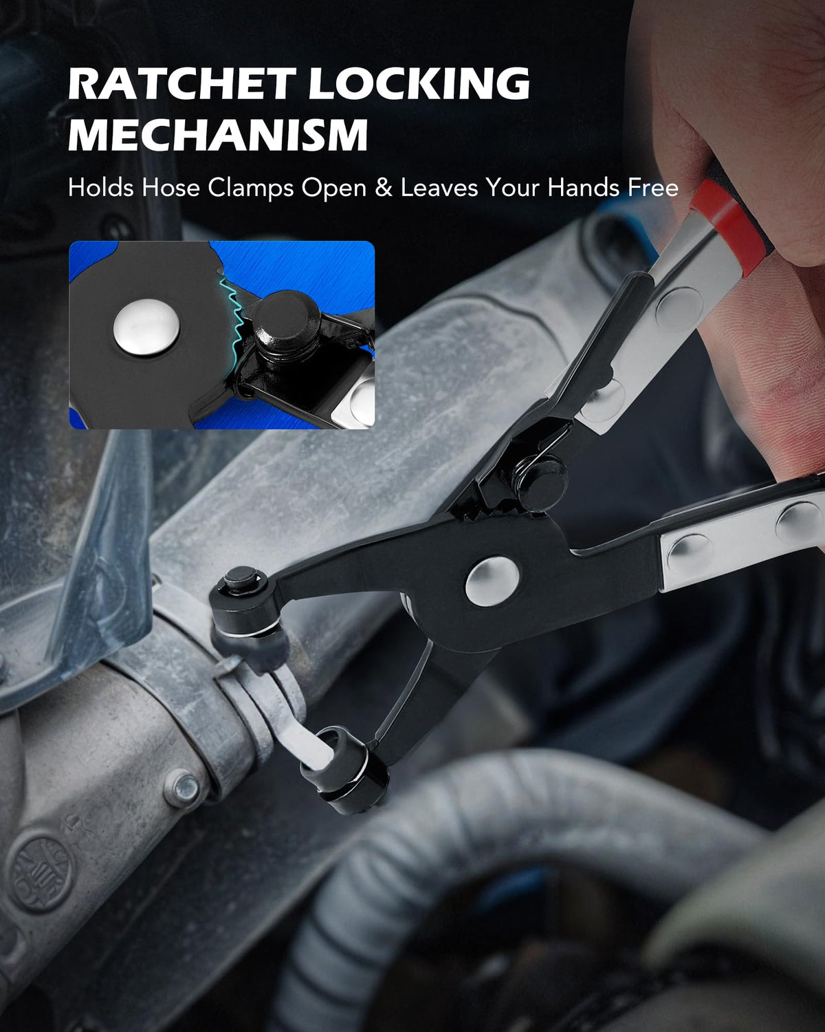 Orion Motor Tech angled flat-band pliers detail showing precise engagement advantage