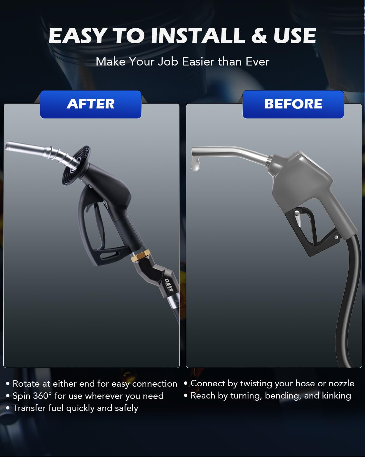 Orion Motor Tech swivel attached to fuel hose demonstrating reduced kinking benefit