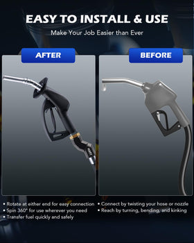 Orion Motor Tech swivel attached to fuel hose demonstrating reduced kinking benefit