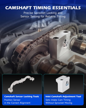 Orion Motor Tech camshaft alignment tools positioned on engine to ensure accuracy