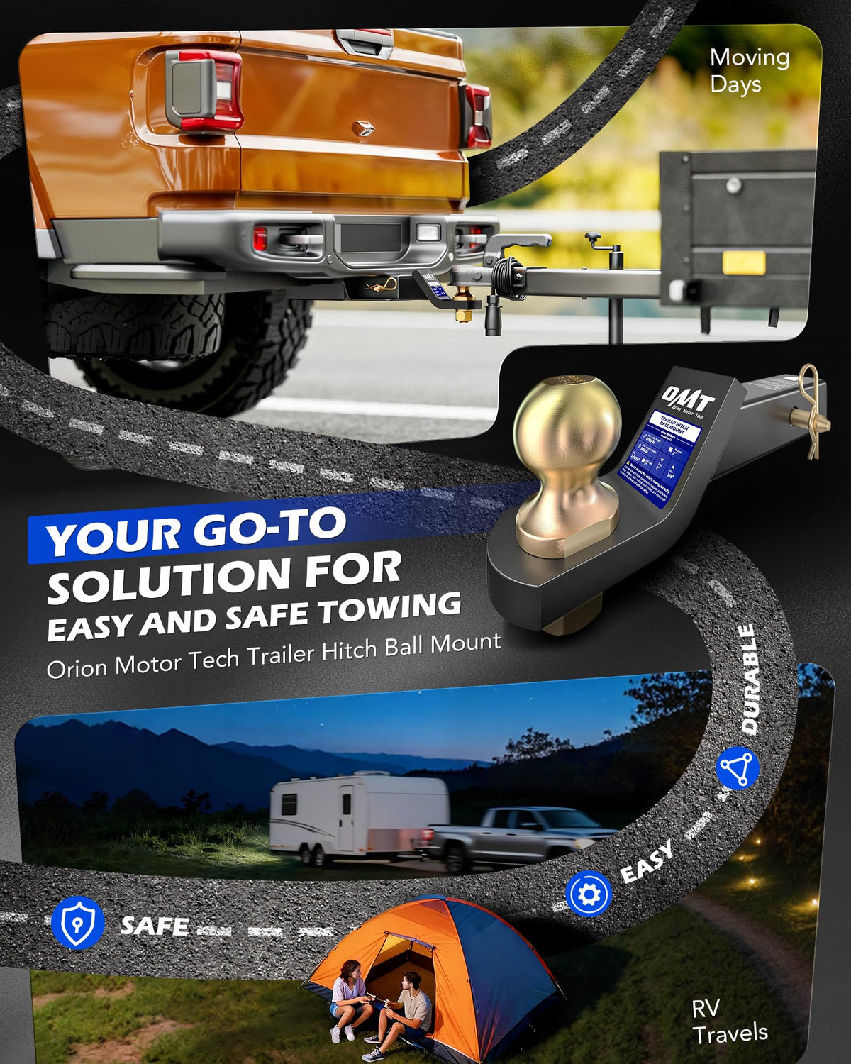 Orion Motor Tech close-up of 2-5/16" ball highlighting solid construction and secure towing