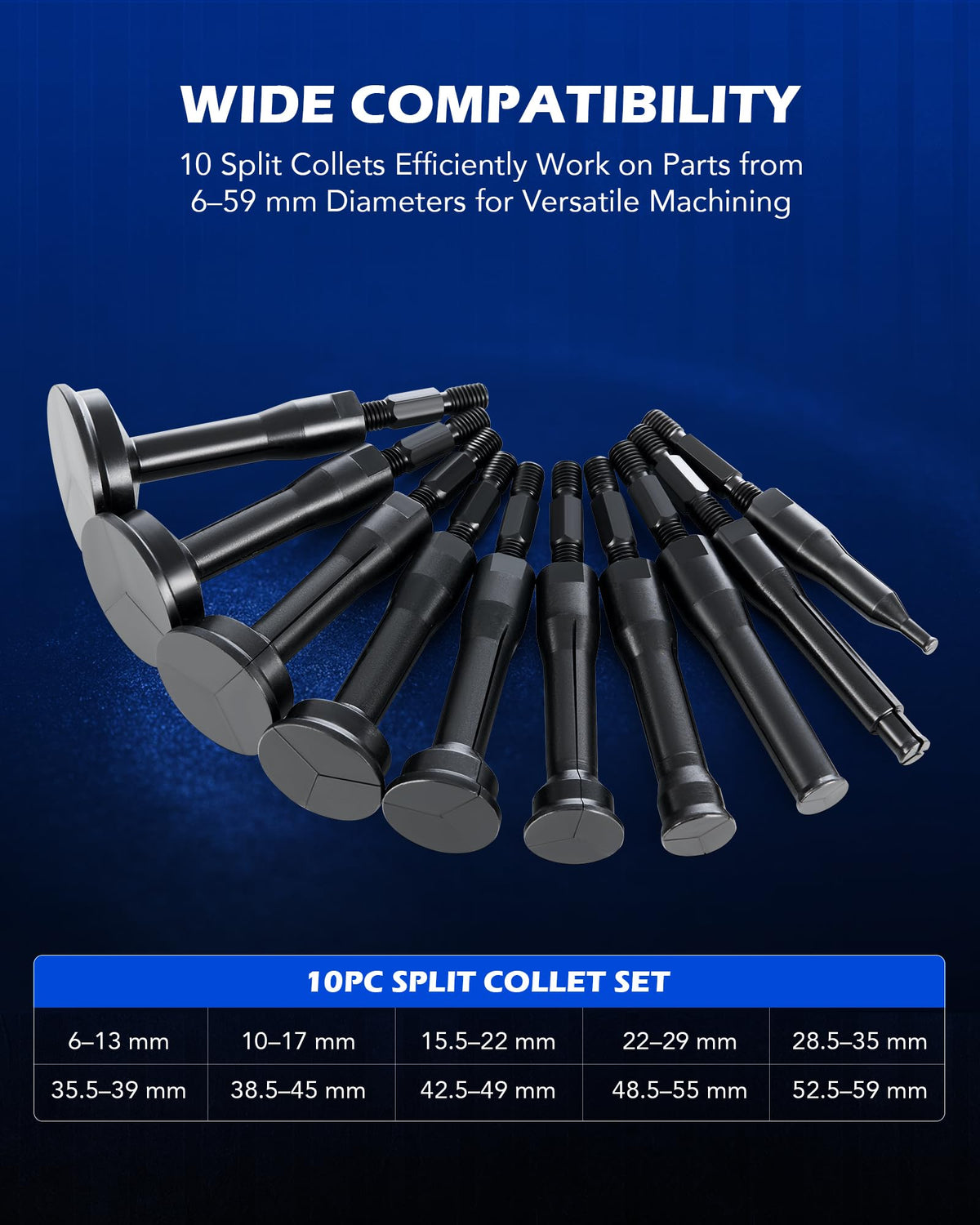 Orion Motor Tech chromoly split collets spread to display size range and secure inner grip
