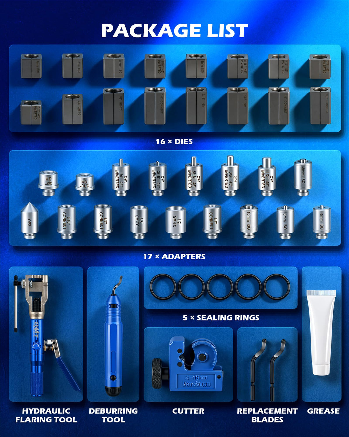 Orion Motor Tech assortment of flaring dies arranged for quick selection benefit