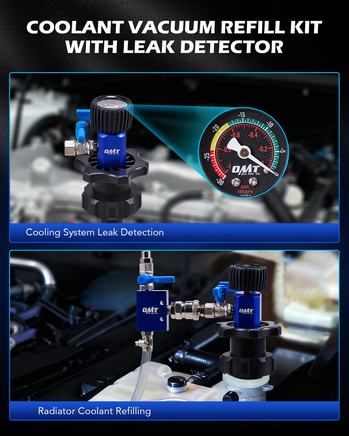 Orion Motor Tech dual gauge close-up displaying clear readings for accurate vacuum tests