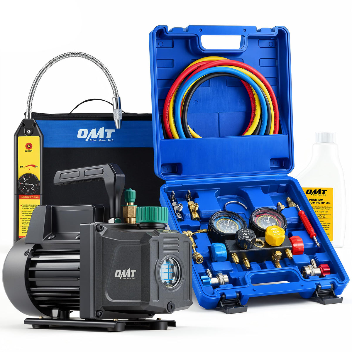 Orion Motor Tech front kit view showing pump and accessories for mobile HVAC service
