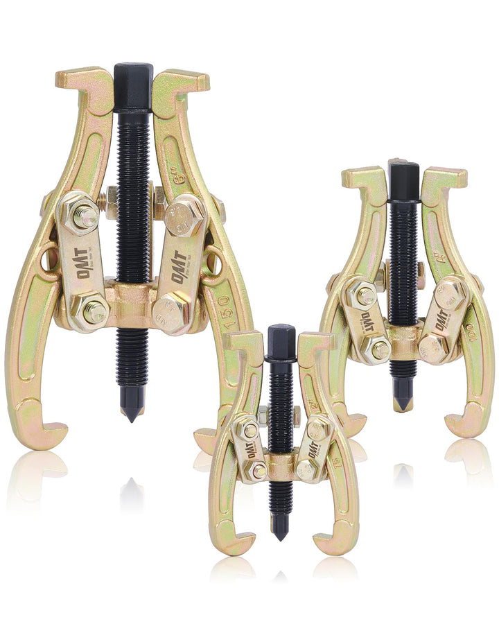 Orion Motor Tech front view of three jaw puller set showing sizes and case benefit