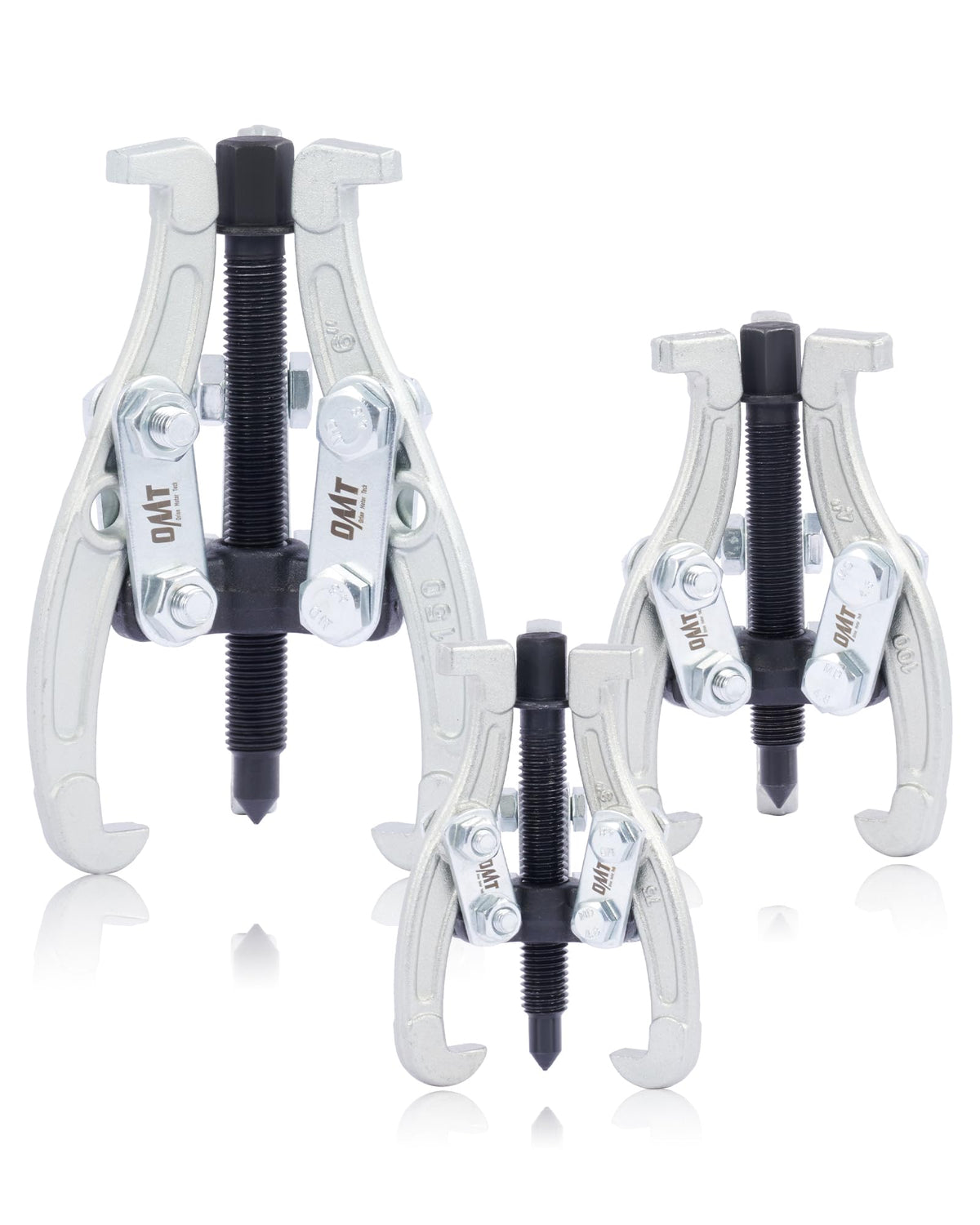 Orion Motor Tech front view of 3-jaw puller set showing all three sizes and case benefit