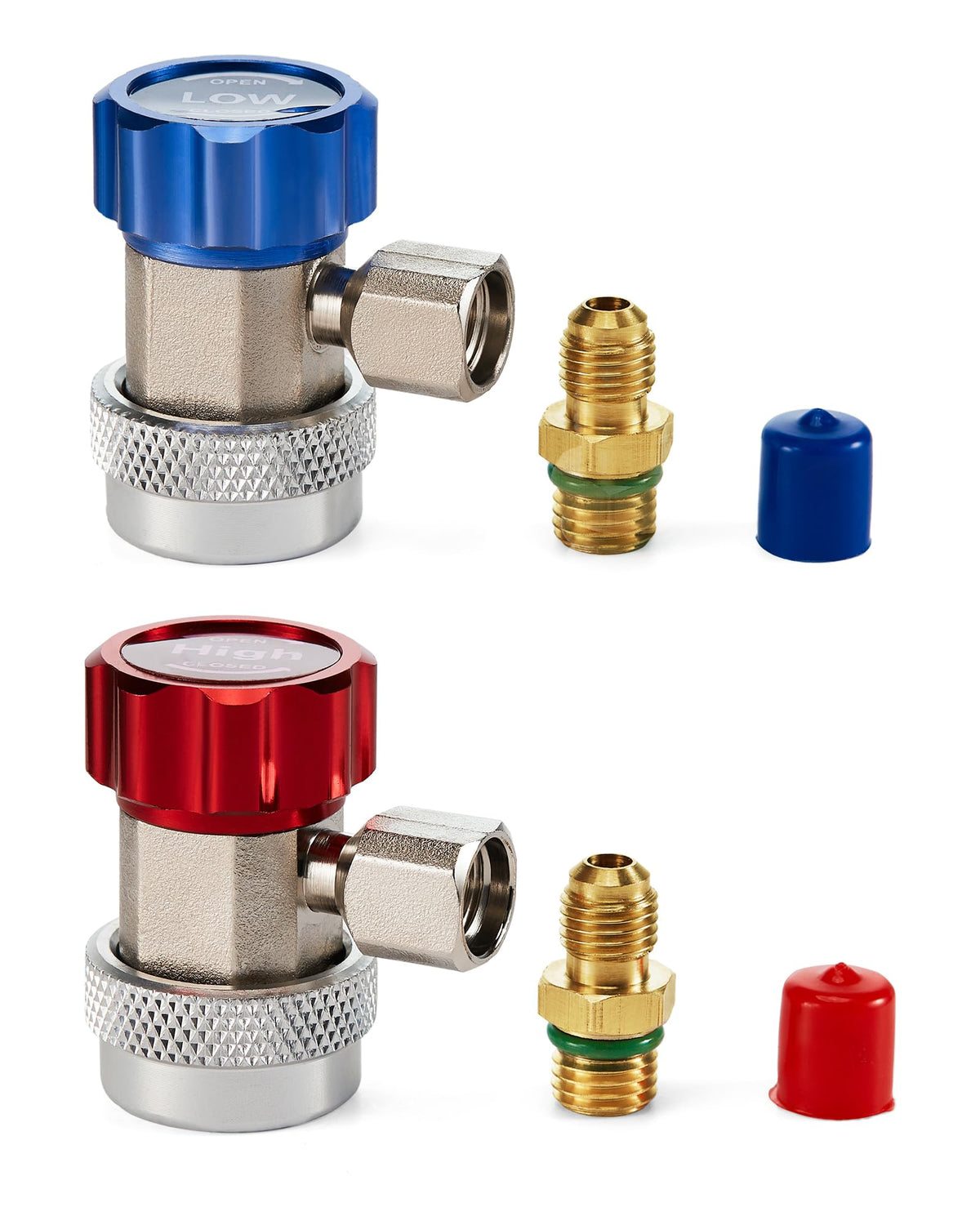 Orion Motor Tech front view of the OMT R134a couplers showing connectors and adapters benefits fast hookup
