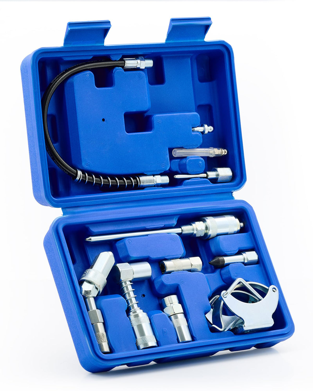 Orion Motor Tech front packaging showing the full 11-piece grease gun kit and case benefit: organized storage