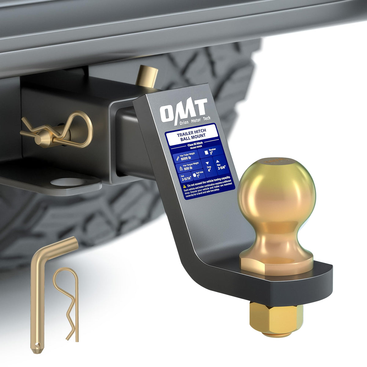 Orion Motor Tech front profile showing ready-to-use 2" receiver mount and 2-5/16" ball benefit quick hookup