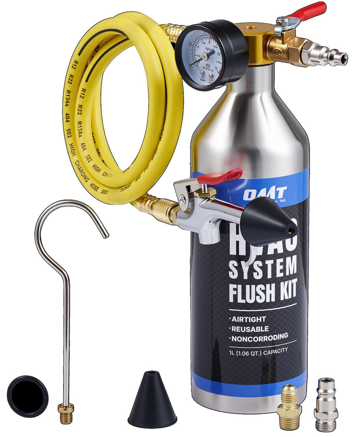 Orion Motor Tech front view of the AC flush kit showing tank and hose for reliable flushing