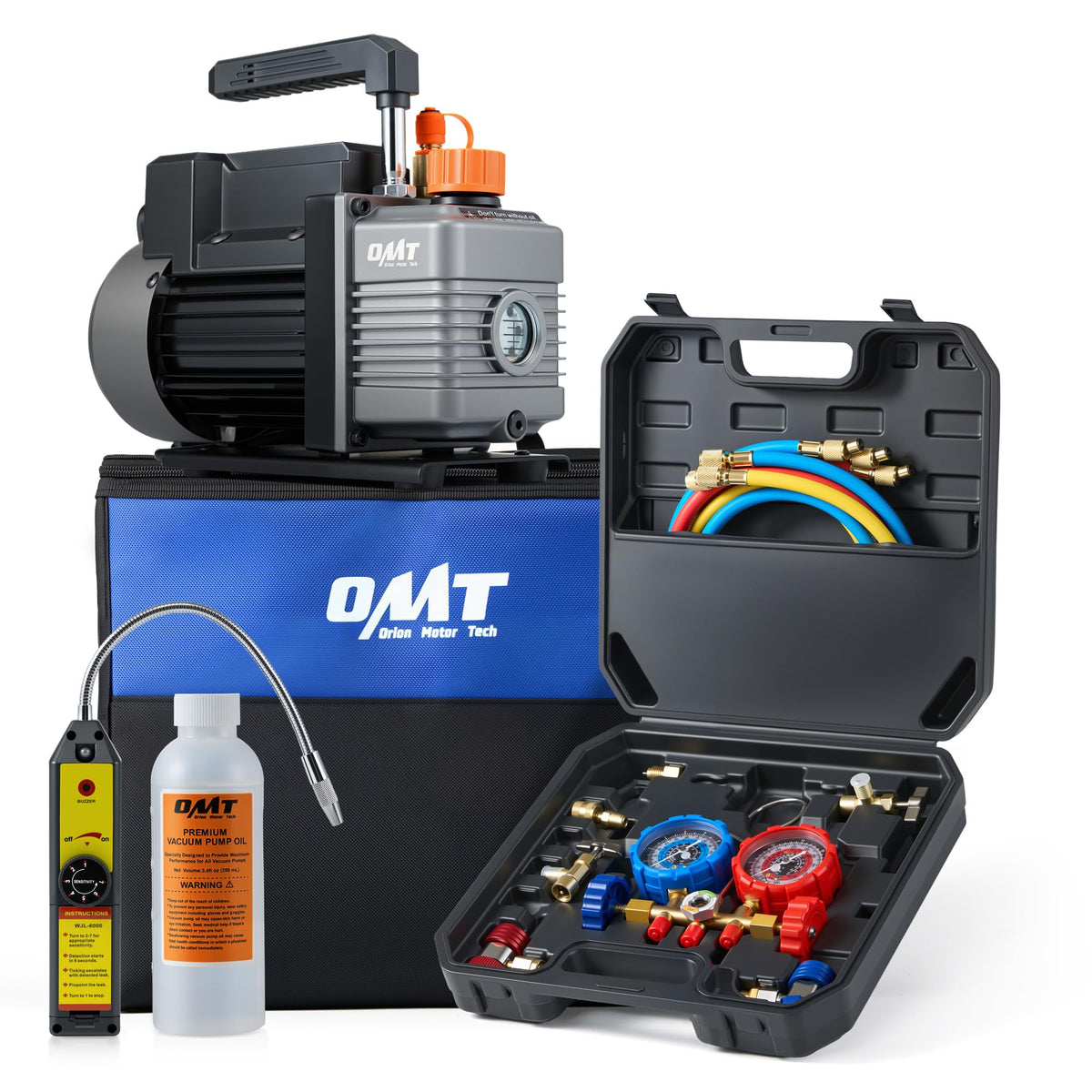 Orion Motor Tech front view of complete vacuum pump and gauge kit showing organized layout and portability