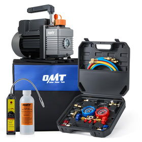Orion Motor Tech front view of complete vacuum pump and gauge kit showing organized layout and portability