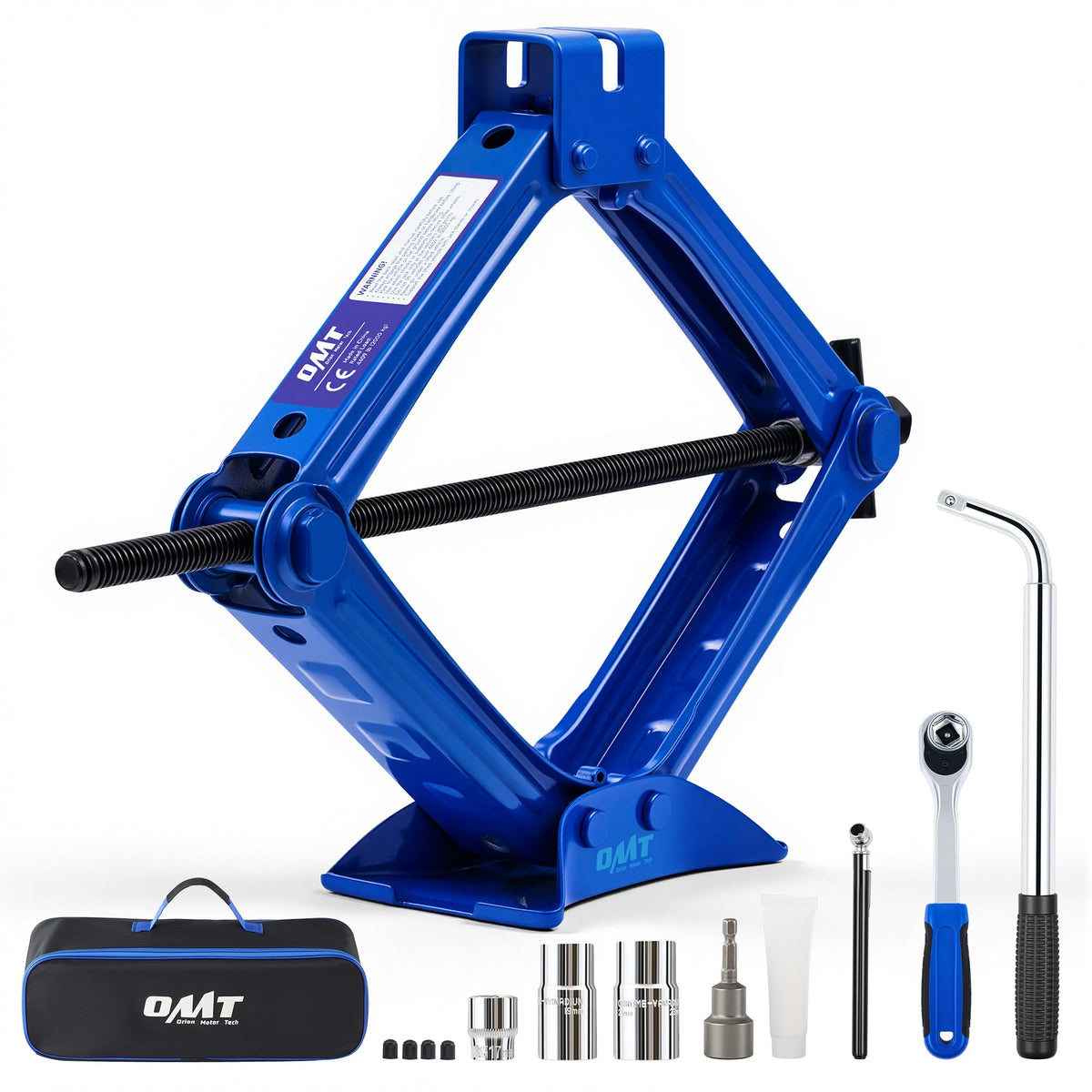 Orion Motor Tech front view of 2 ton scissor jack kit showing compact storage and tools