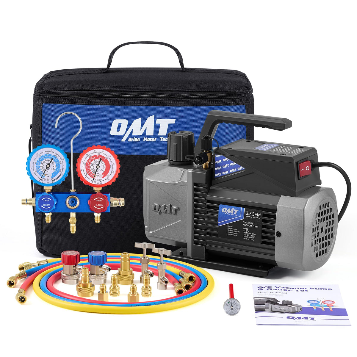 Orion Motor Tech kit front view showing pump and gauge for complete service
