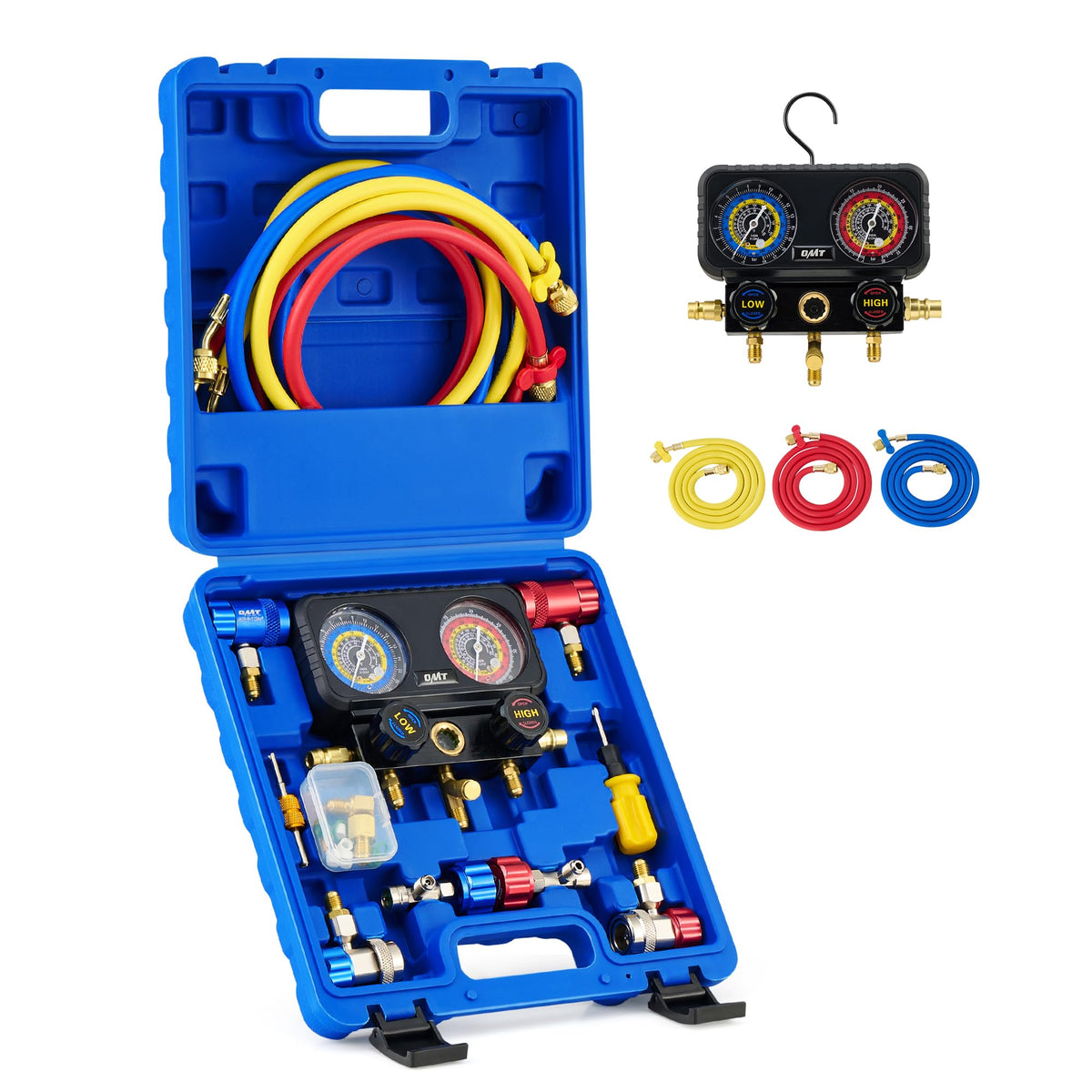 Orion Motor Tech front view manifold gauge set showing aluminum body and valves for durable service