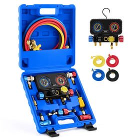 Orion Motor Tech front-view manifold gauge set showing complete kit and benefits