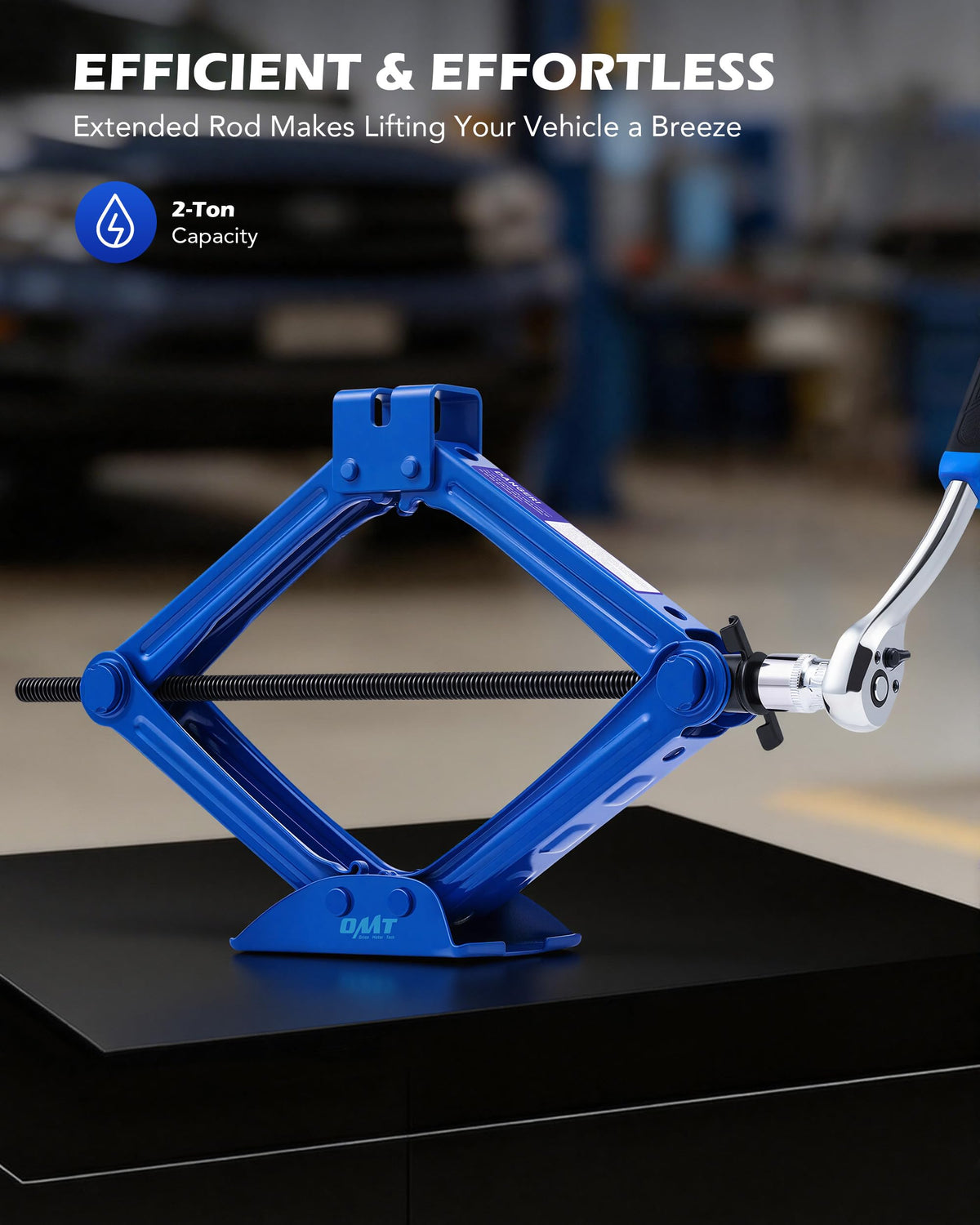 Orion Motor Tech scissor jack fully extended showing maximum lift and clearance