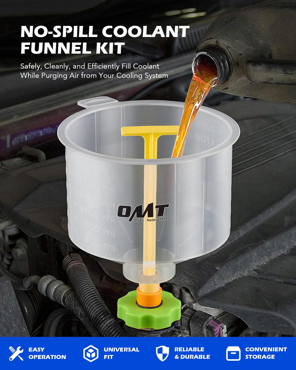 Orion Motor Tech translucent funnel body close-up for accurate level viewing