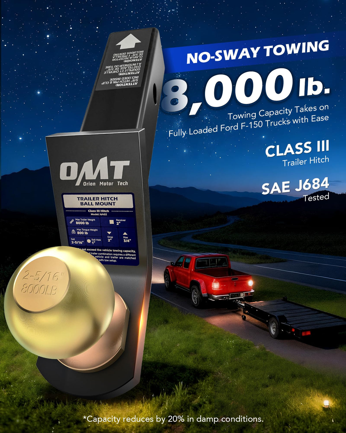 Orion Motor Tech height comparison illustrating 2" drop and 3/4" rise for level towing