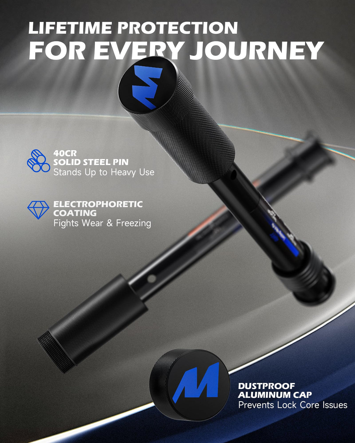 Orion Motor Tech hitch pin on truck and trailer showing anti-theft protection