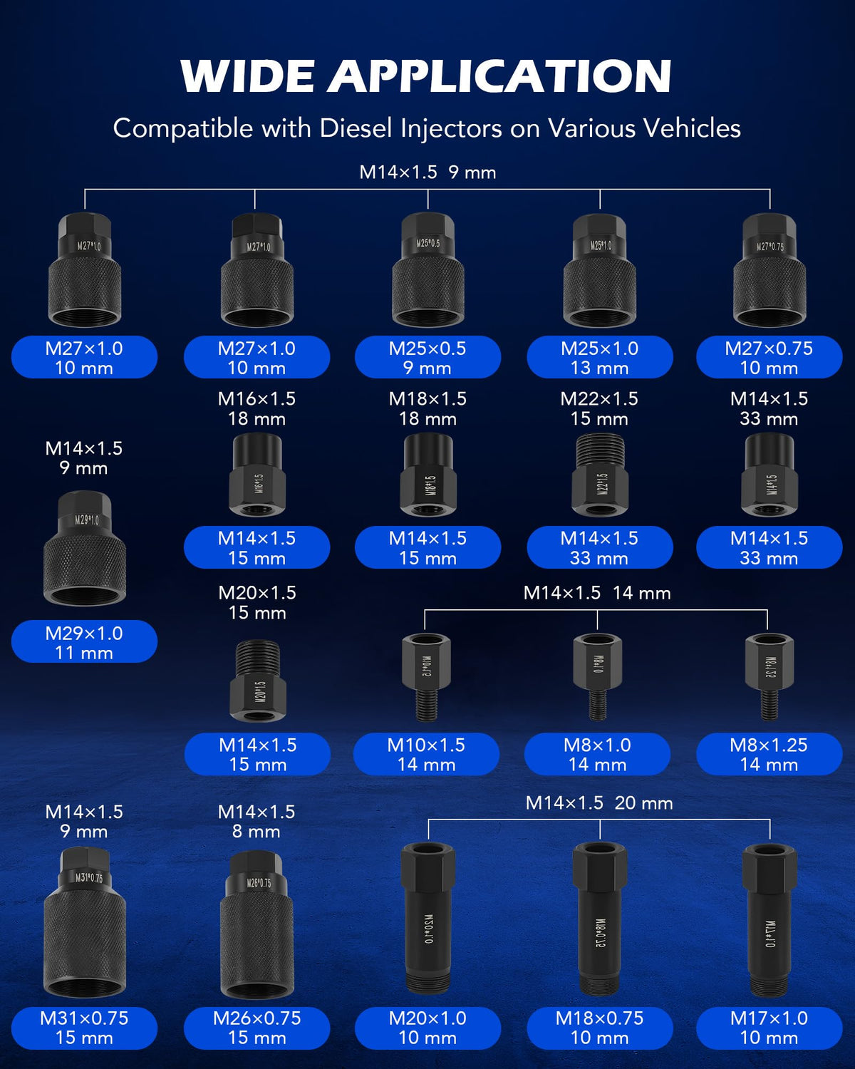 Orion Motor Tech hose and connectors detail illustrating EU and US fittings for compressor compatibility