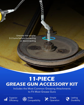 Orion Motor Tech close-up of the flex grease hose with coil spring showing kink resistance benefit