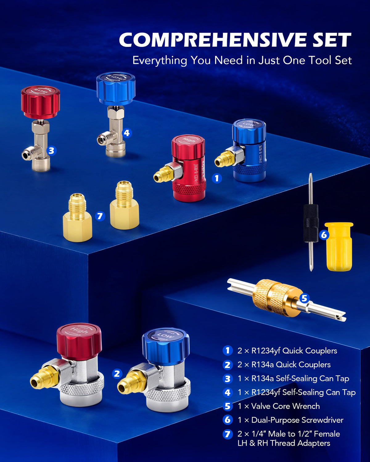 Orion Motor Tech color-coded hoses and quick couplers laid out for fast multi-refrigerant work