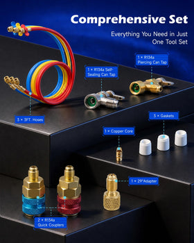 Orion Motor Tech color-coded red blue yellow hoses for easy pressure identification
