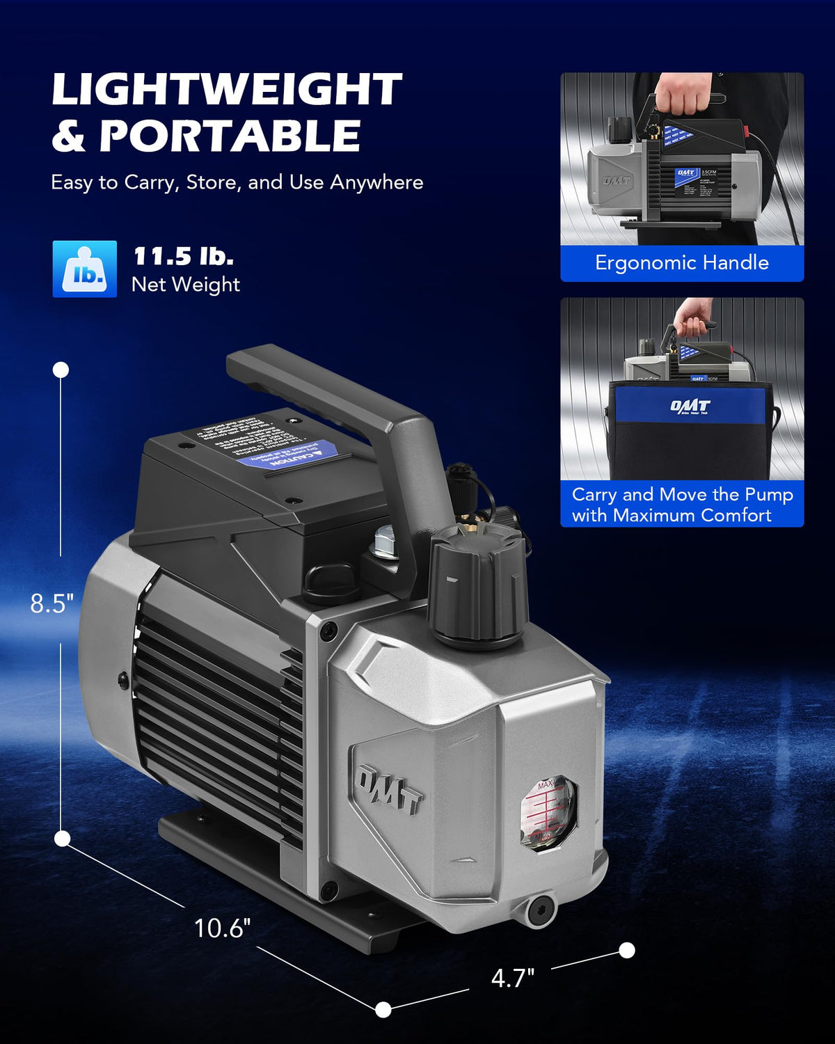 Orion Motor Tech pump connected to car AC system demonstrating efficient evacuation