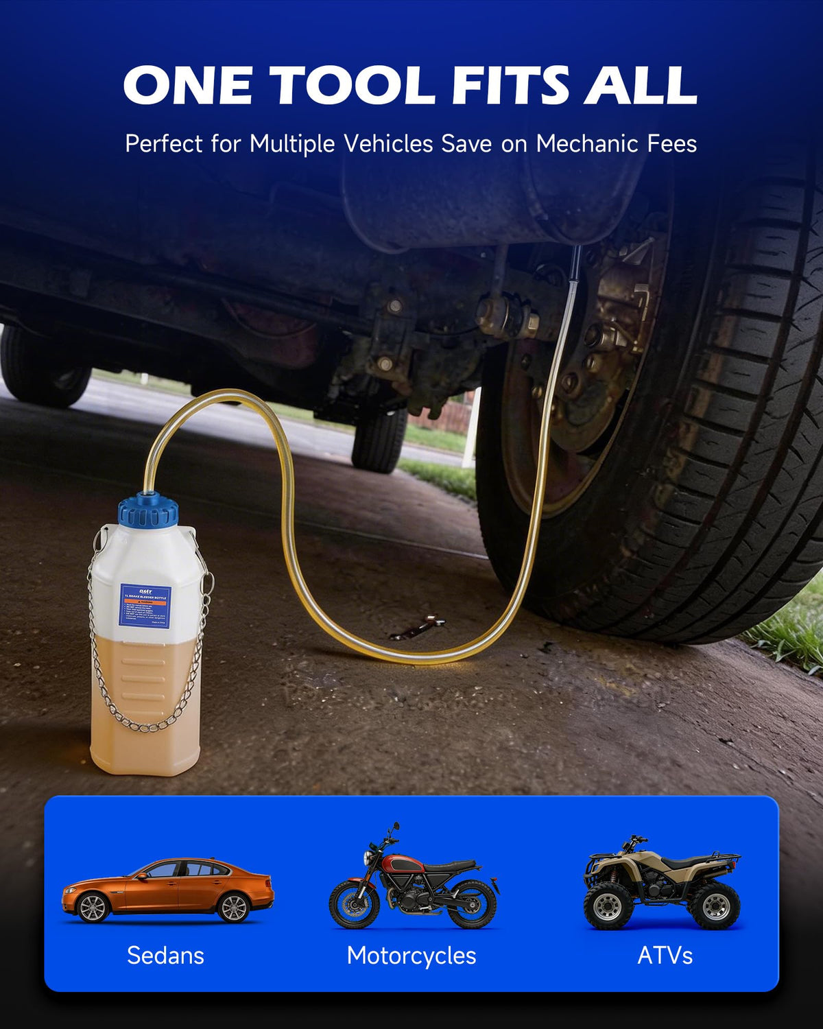 Orion Motor Tech kit in use on a car caliper demonstrating solo-operation and spill-free collection