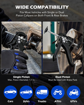 Orion Motor Tech compressor in use on caliper demonstrating even piston retraction and safety