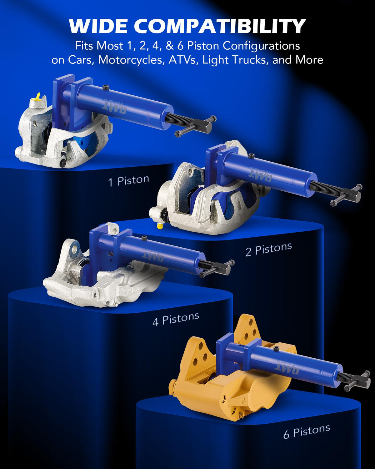 Orion Motor Tech tool in use on car caliper demonstrating safe, even piston compression