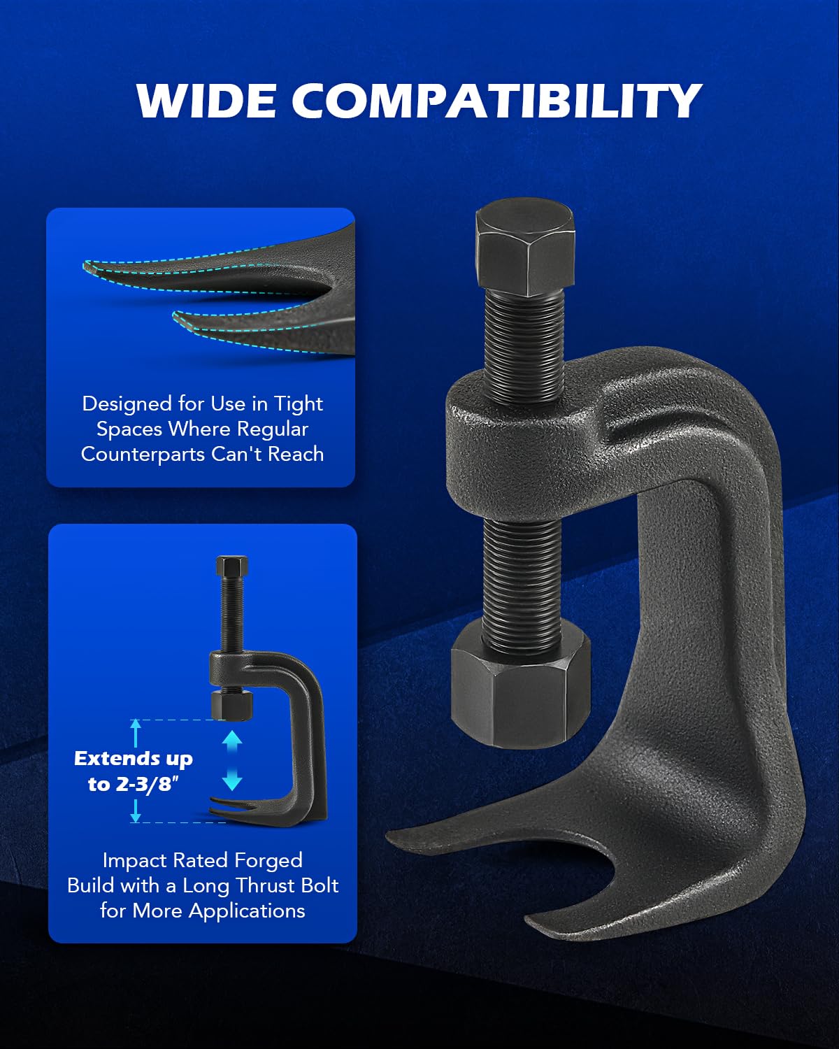 Orion Motor Tech tool in use on a vehicle control arm for safe joint removal
