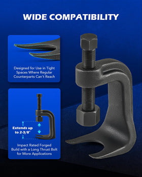 Orion Motor Tech tool in use on a vehicle control arm for safe joint removal