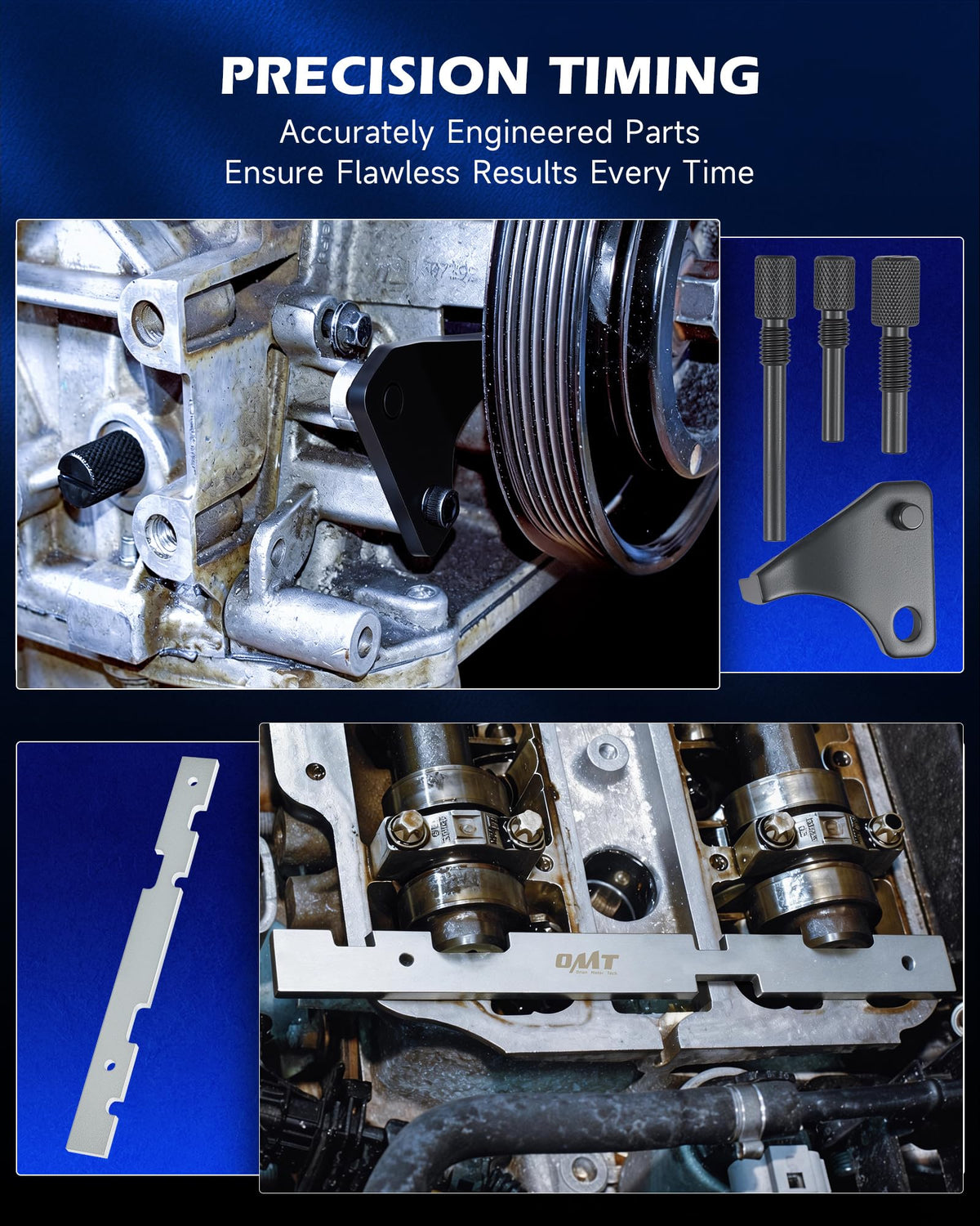 Orion Motor Tech toolset in use on engine illustrating correct camshaft and crank locking