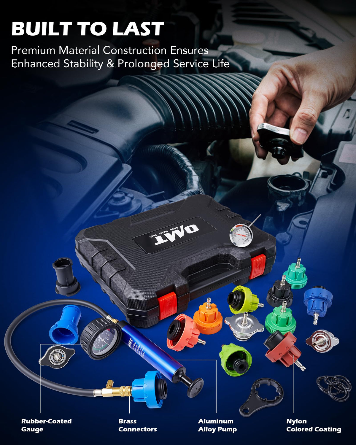 Orion Motor Tech tool kit in use on vehicle radiator to locate coolant leaks quickly