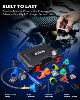 Orion Motor Tech tool kit in use on vehicle radiator to locate coolant leaks quickly