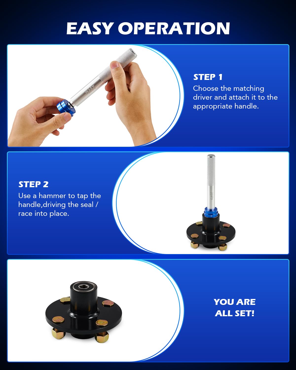 Orion Motor Tech in-use image pressing a bearing race into an ATV hub for accurate seating