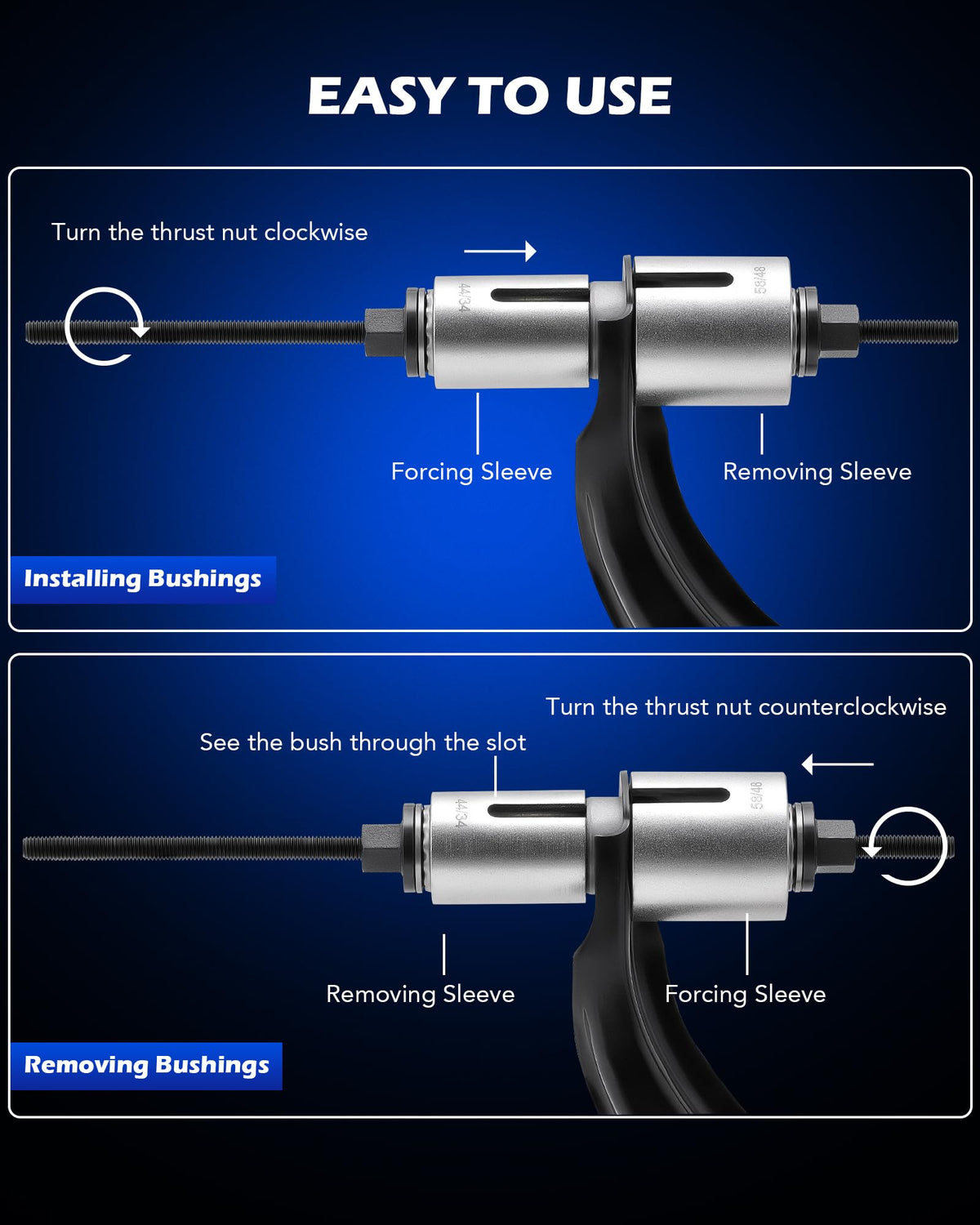 Orion Motor Tech kit in use pressing a suspension bushing offering controlled removal and fit