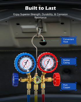 Orion Motor Tech manifold connected to car AC in use enabling on-vehicle diagnostics
