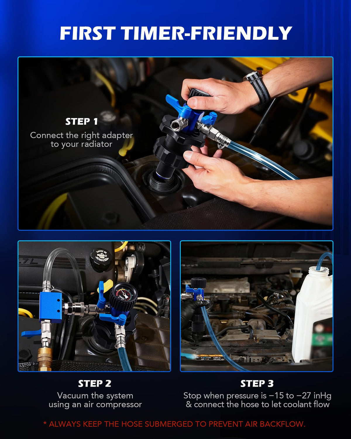 Orion Motor Tech kit in use under hood assisting quick, clean coolant replacement
